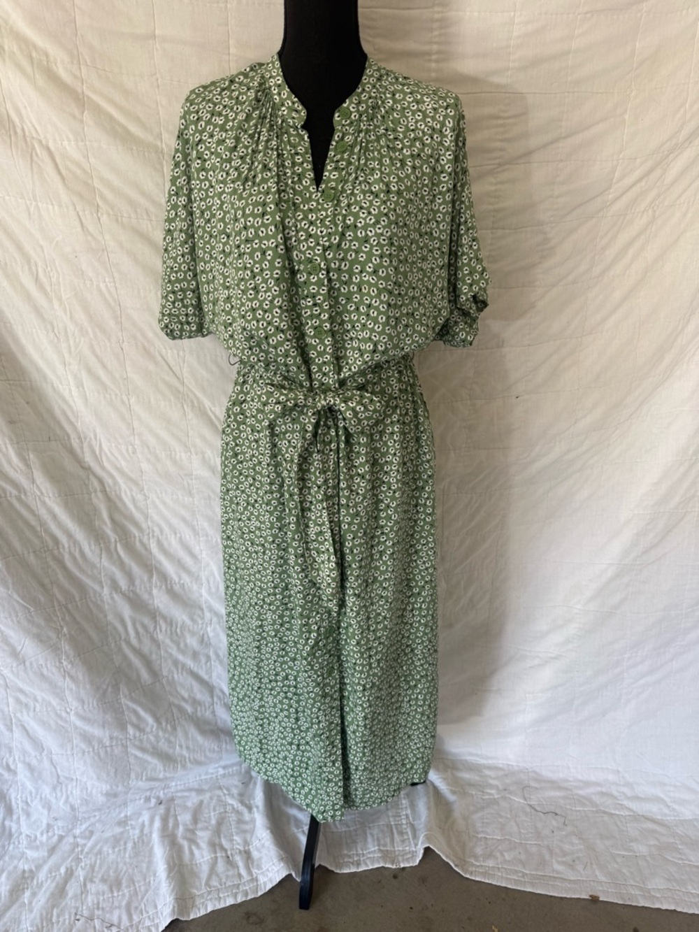 H&M Green Floral Midi Dress with Tie Waist